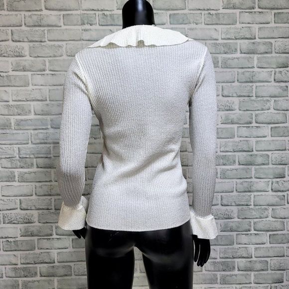 Vintage 70s Marbella Knits California Off White Ribbed Flutter Vneck Knit Top - Picture 6 of 7
